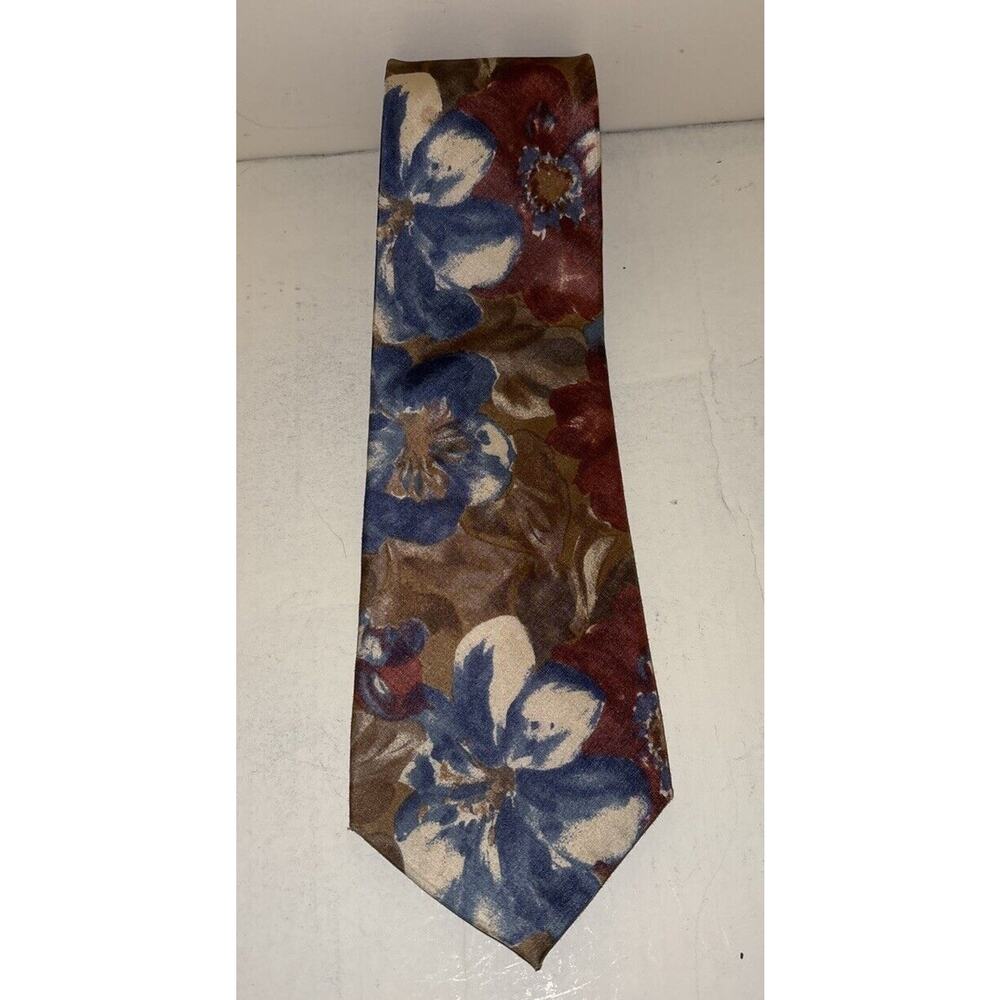 Woodward Mens Silk Necktie Blue Burgundy Brown Floral Painterly Wide Silk Tie